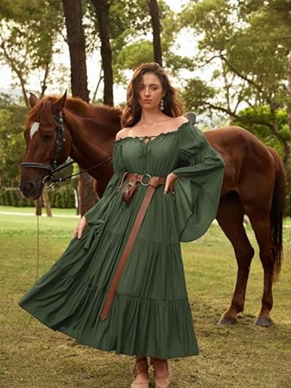 Scarlet Darkness Renaissance Women Off Shoulder Bell Sleeve Tiered Maxi - Picture 2 of 5